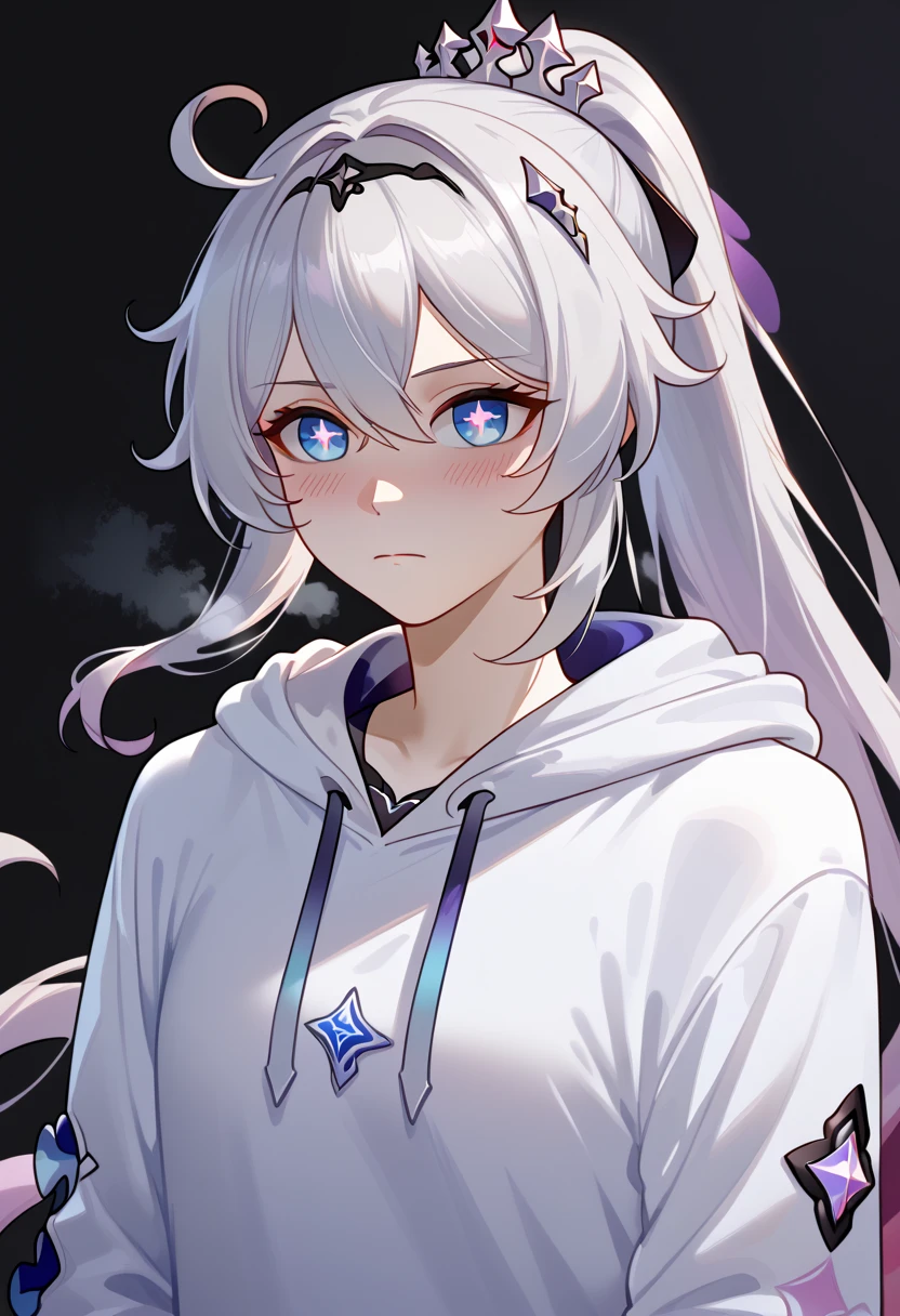 score_9, score_8_up, score_7_up, masterpiece, best quality, very aesthetic, absurdres, 1girl, adult grown woman, solo, kiana kaslana \(honkai impact 3rd\), herrscher of finality, white hair, ahoge, ponytail, very long hair, blue eyes, symbol-shaped pupils, blush, closed mouth, heavy breathing, hoodie, sleeveless hoodie, white shirt, oversized hoodie, black background, cowboy shot,RAR