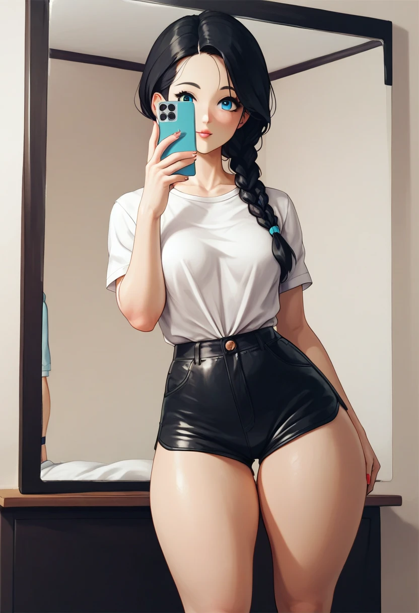 Vitel blue eyes black hair medium breasts healed abdomen thick thighs large short black shorts and short blouse White sexy cell phone in hand in front of the mirror taking sexy anime photo big black hair with braid