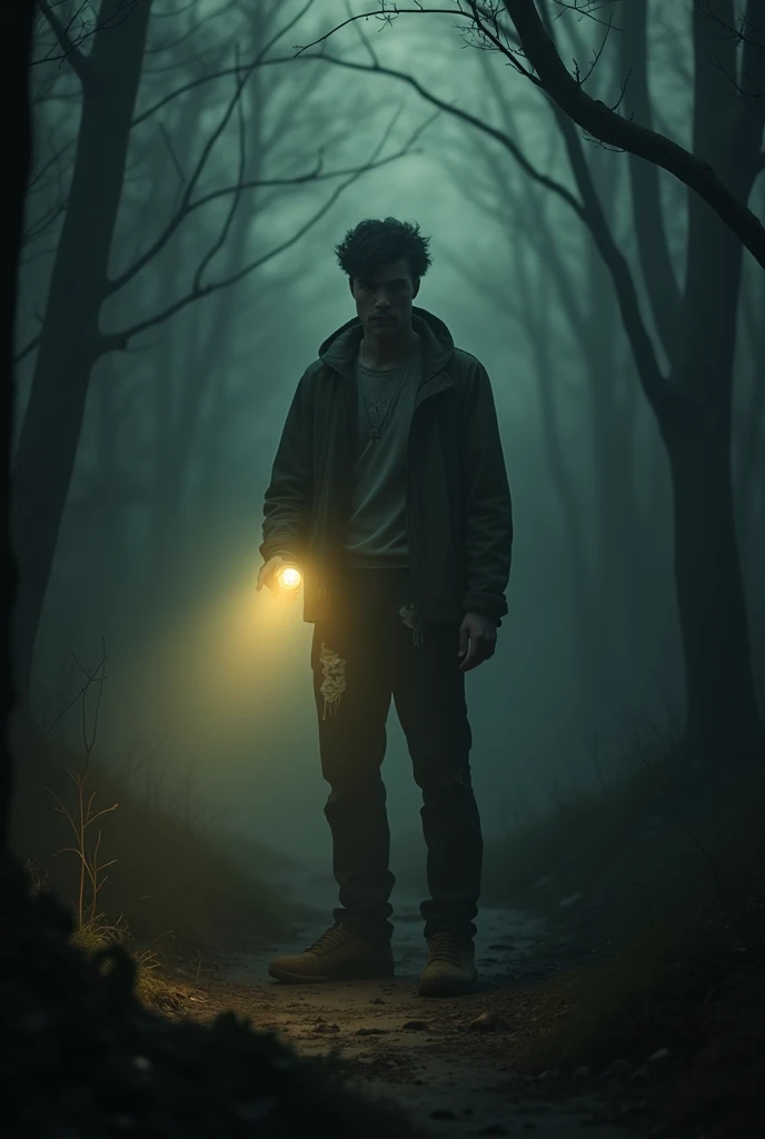 Front man holding a flashlight, with a scared face, num horror atmosphere