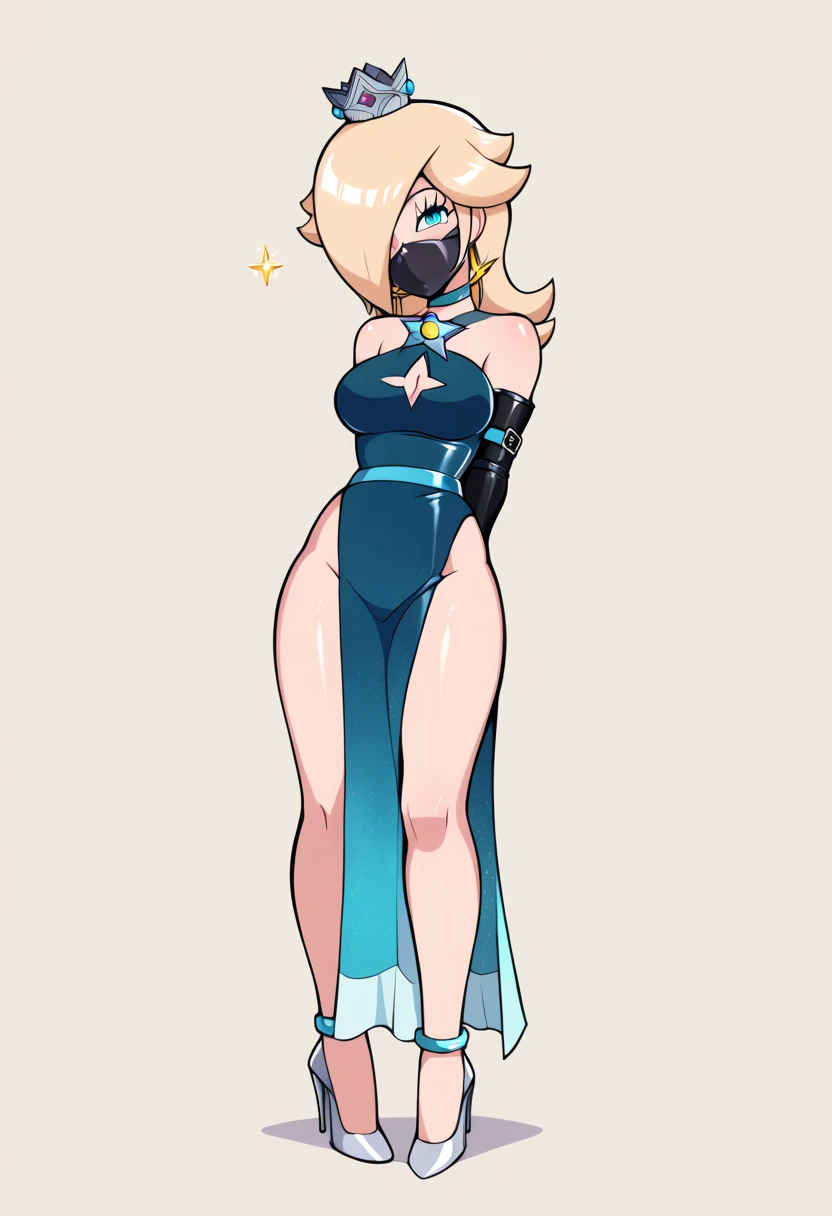 score_9, score_8_up, score_7_up, 1girl, Rosalina,  ( source_anime, 1girl, RslnSND, hair over one eye, crown, blue dress, bare shoulders, side slit, bracelet, clothing cutout, choker, cleavage cutout, pelvic curtain, high heels, full body, hotel lobby, shiny dress) , flirt, gaze, sexy look, half-closed eyes, head tilt, makeup, (full bodies in view) expressiveh d4rk01l, perfect hands, perfect proportions, simple background. standing,  belt bondage, bound arms, (arms behind back: 1.4), tight mask, black mask, nude legs, (armbinder tied), (armbinder: 1.4), (front view), (sexy pose), (leather mask), complete body .