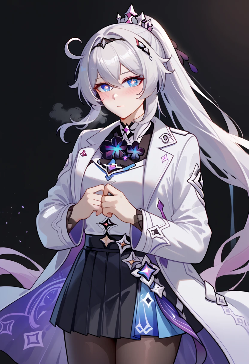 score_9, score_8_up, score_7_up, masterpiece, best quality, very aesthetic, absurdres, 1girl, adult grown woman, solo, kiana kaslana \(honkai impact 3rd\), herrscher of finality, white hair, ahoge, ponytail, very long hair, blue eyes, symbol-shaped pupils, blush, closed mouth, heavy breathing, business suit, white shirt, white coat, black pantyhose, long coat, black skirt, black background,RAR