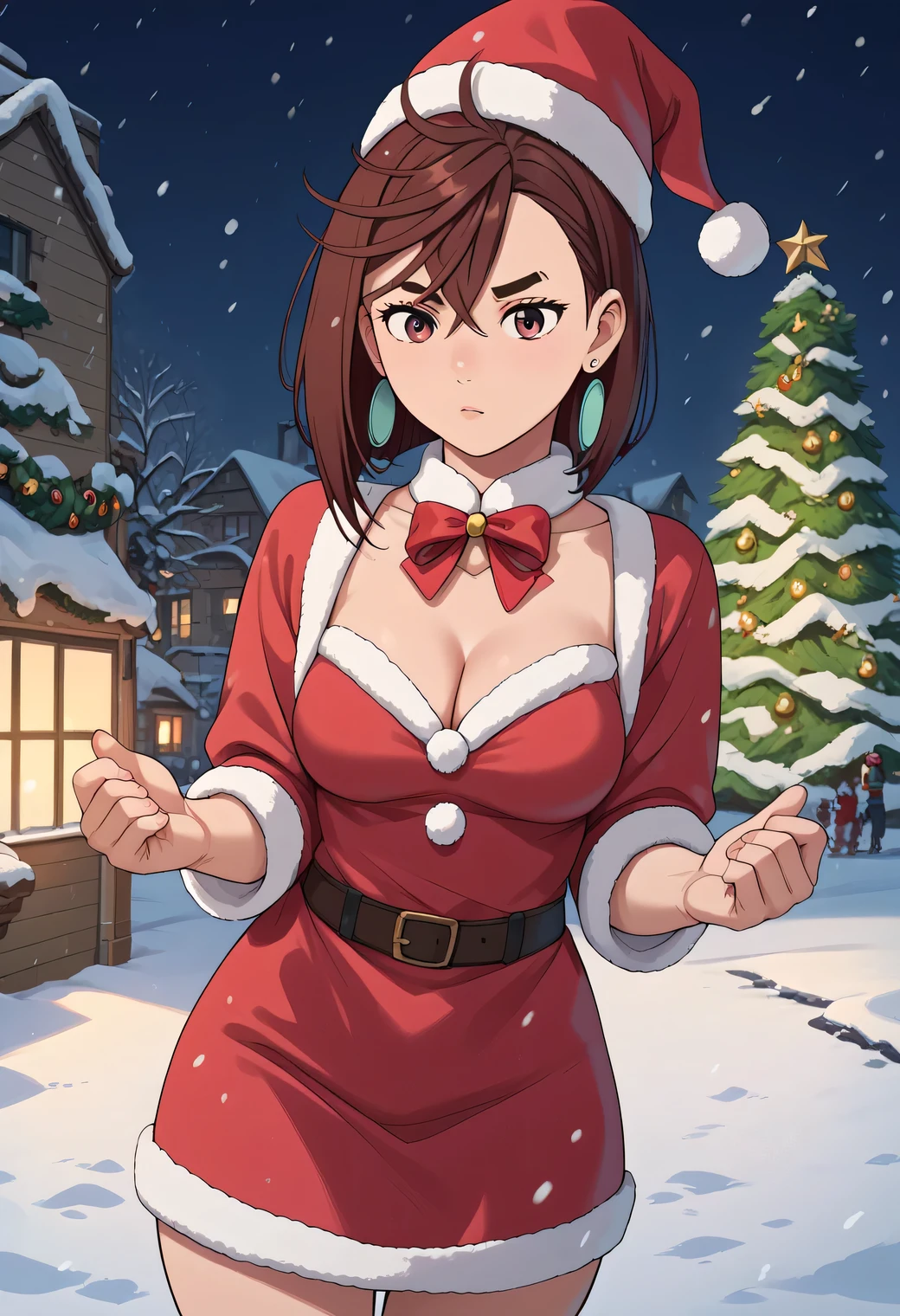 absurdres, (masterpiece, best quality), (perfect face: 1.2, perfect eyes: 1.2), (extremely detailed beautiful eyes: 1.1), ambient soft lighting, 4K, perfect lighting,
1girl, solo, brown hair, straight hair, pixie cut, short hair, ahoge, (brown eyes: 1.2), large breasts, cleavage, santa dress, <lora:SANTADRESS: 0.6>
(outdoors), snow,