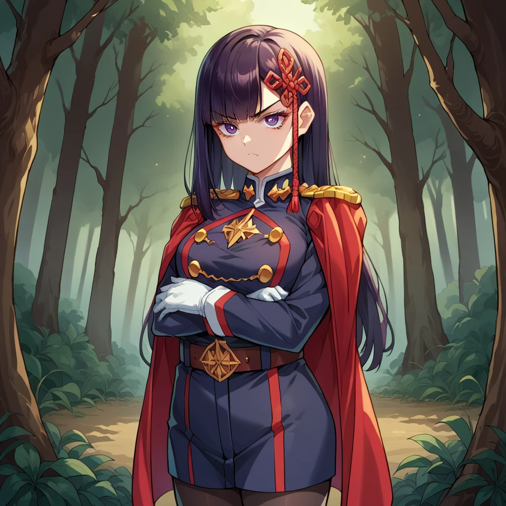 score_9, score_8_up, source_anime, 1girl, solo, YamashiroRen, long hair, blunt bangs, hair ornament, ((a serious expression ready for battle)), military uniform, epaulettes, white gloves, red cape, belt, black pantyhose, looks at the viewer, gloomy forest background, hands folded under chest