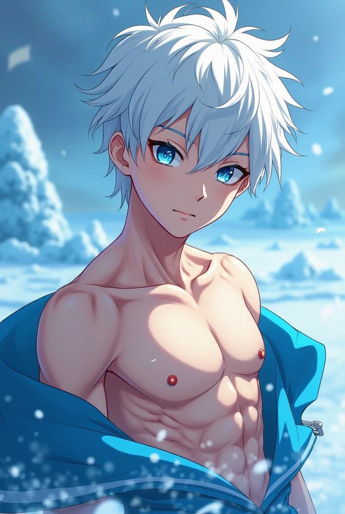 Killua Zoldyck in the lake in transparent underwear alone holding his short penis