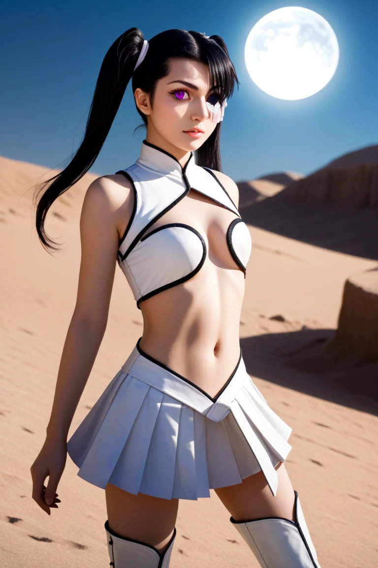 score_9, score_8_up, score_7_up, source_anime, loly aivirrne, black hair, twintails, long hair, purple eyes, eyepatch,, small breasts,, white dress, center opening, pleated skirt, thigh boots, cleavage cutout, midriff,, cowboy shot, dutch angle, desert, sand dunes, full moon, night, 