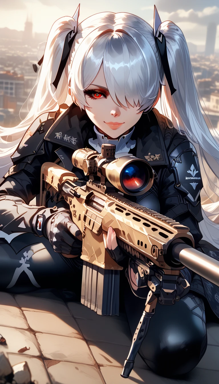 ultra-detailed, 1girl, jelocdra, (best quality), ((masterpiece)), (highres), 16K, perfect face, red eyes, ringed eyes, white pupils, white hair, hair over one eye, twintails, long hair, headgear, tactical gear, busty body, huge breasts and a beautiful ass, showcasing cleavage, legs, hips, (holding Sniper Rifle), looking at viewer, smile, detailed hair, detailed full body, standing on rooftop