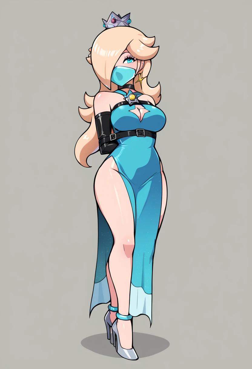 score_9, score_8_up, score_7_up, 1girl, Rosalina,  ( source_anime, 1girl, RslnSND, hair over one eye, crown, blue dress, bare shoulders, side slit, bracelet, clothing cutout, choker, cleavage cutout, pelvic curtain, high heels, full body, hotel lobby, shiny dress) , flirt, gaze, sexy look, half-closed eyes, head tilt, makeup, (full bodies in view) expressiveh d4rk01l, perfect hands, perfect proportions, simple background. standing,  belt bondage, bound arms, (arms behind back: 1.4), tight mask, black mask, nude legs, (armbinder tied), (armbinder: 1.4), (front view), (sexy pose), (leather mask), complete body .