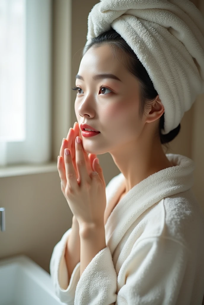 one cute korean girl with a bathrobe on spraying skincare mist on her face in front of a mirror with eyes closed, realistic, professional photography, - --auto --s2
