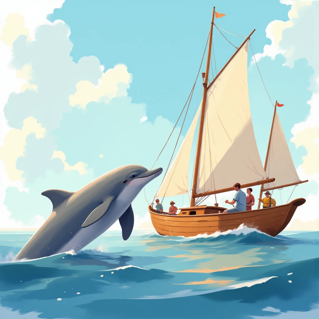  Flat detail of a dolphin with golden colochos next to a sailboat, people and ren dressed in fishing clothes see the dolphin , The sailboat is cream-colored ,  with a red stripe on the top of the bow, Sunny day, calm sea, alta definición
