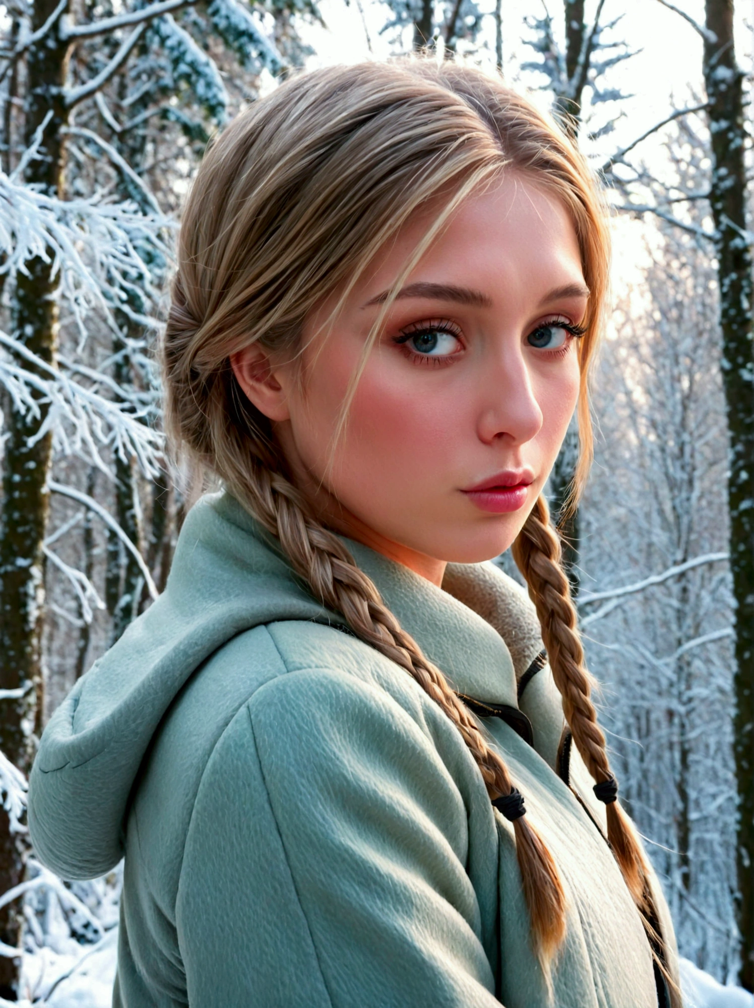  Beautiful overweight Snow Maiden , she has a braid ,  looks straight ,  sensual facial expression ,  stands in a snowy forest ,  wearing winter clothes coats and pants,  I can see the whole body , ( better quality ,4K,8k, highres icon, masterpiece fails:1.2), ultra-detailed ,( realistic,фото realistic,фото realistic:1.37), Detailed eyes ,detailed lips, extremely detailed face , long eyelashes ,lush vegetation,snowflakes,frost on tree eyelids , warm lighting , 3D render ,oil painting style