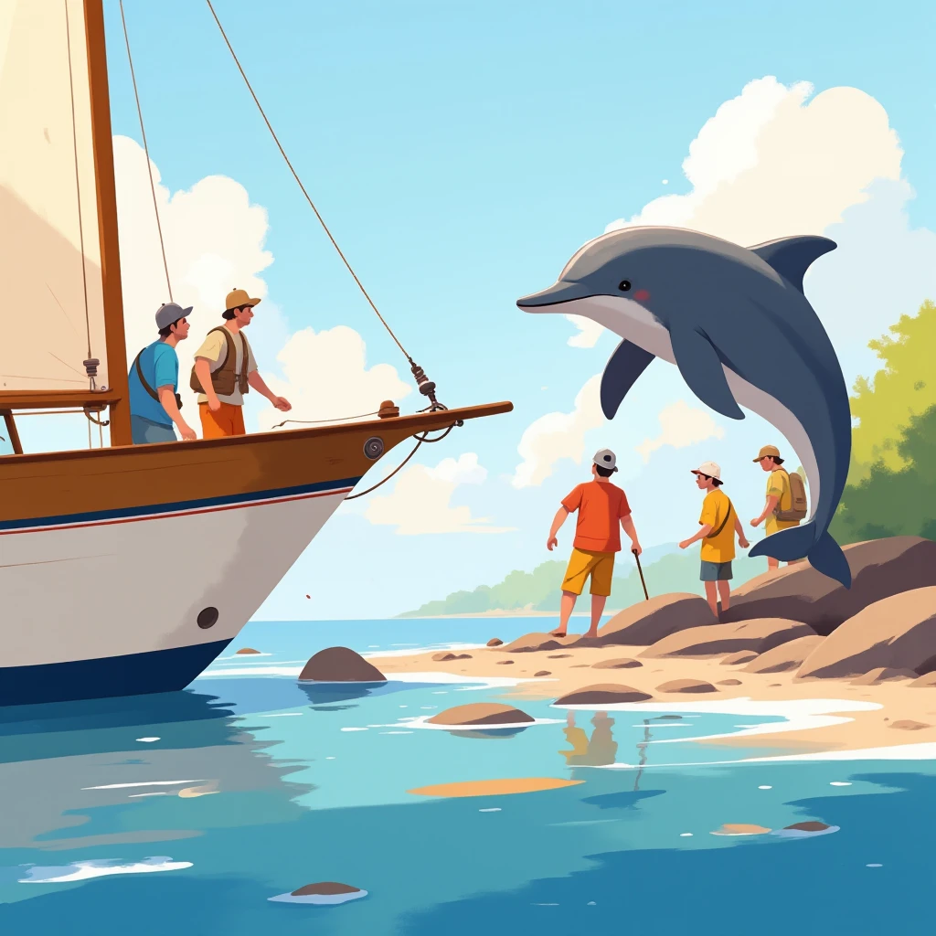  Flat detail of a dolphin with golden colochos next to a sailboat, people and ren dressed in fishing clothes see the dolphin , The sailboat is cream-colored ,  with a red stripe on the top of the bow, Sunny day, calm sea, alta definición
