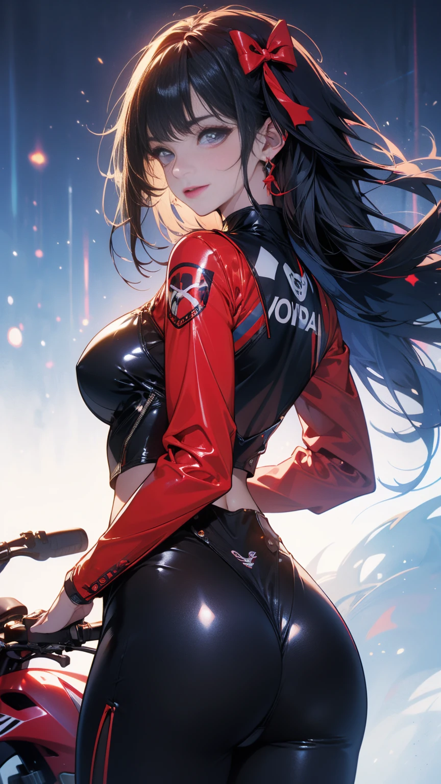 1 mature and seductive woman,(Detailed Description,Unbelievably absurd,High resolution,8k wallpaper,masterpiece,Highest quality,Regional Depth,Anatomically accurate depiction,A face with attention to detail, Eye on the details,Perfect body,Two beautiful hands, Five perfect fingers),(Glowing Skin,Glossのある肌,Oilskin),((Sexy female rider)),(Rider Suit,latex,Gloss),eyelash,(Visor goggles,Purple eyes,There is cleavage in the chest,Glossのある口紅,Captivating smile,Sweat),(whole body),(((Riding on motorcycle,))),speed