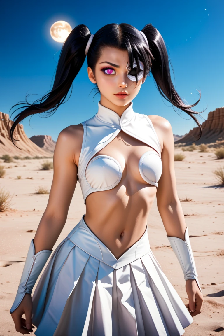 score_9, score_8_up, score_7_up, source_anime, loly aivirrne, black hair, twintails, long hair, purple eyes, eyepatch,, small breasts,, white dress, center opening, pleated skirt, thigh boots, cleavage cutout, midriff,, cowboy shot, dutch angle, desert, sand dunes, full moon, night, 