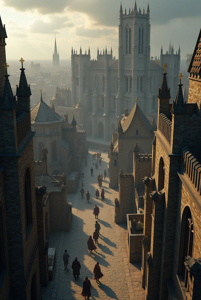 Medieval English city of stones gold details dark environment