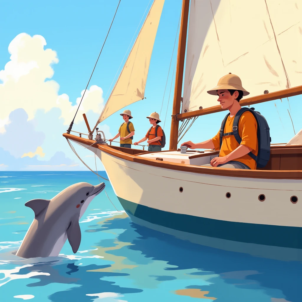  Flat detail of a dolphin with golden colochos next to a sailboat, people and ren dressed in fishing clothes see the dolphin , The sailboat is cream-colored ,  with a red stripe on the top of the bow, Sunny day, calm sea, alta definición
