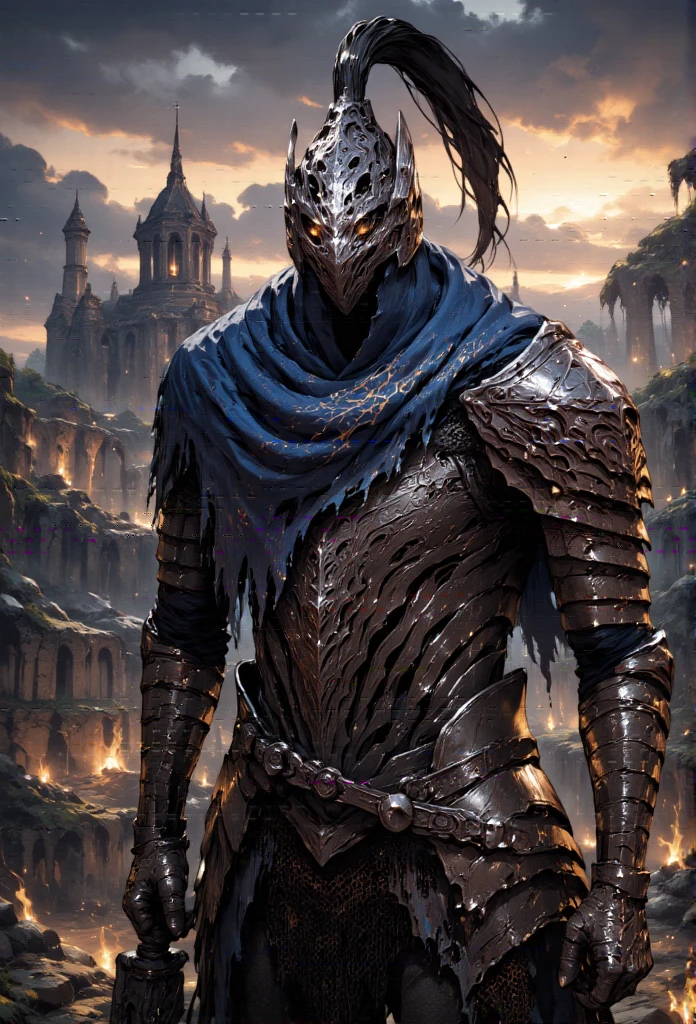 " Ultra-realistic 8K Solitary Warrior , Inspired by Dark Souls,  with worn armor and scar details , rust and dried blood .  Holds a giant sword ,  with a partially broken blade and visible battle marks . The helmet,  appears with deep shadows , She hides her face ,  leaving only a faint glow in his eyes .

 The background is a bleak and desolate landscape ,  with a ruined castle under an apocalyptic sky tinged with oranges and dark greys.  Smoke and ash float in the air ,  shadows of monstrous creatures lurk in the distance .  Dramatic and dim lighting highlights the figure of the warrior ,  casting shadows Long ones that increase the feeling of loneliness and danger .  realistic and dark style ,  capturing the oppressive and epic atmosphere of the Dark Souls universe ." 