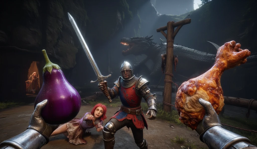 "First-person view of a knight in a medieval fantasy setting, holding a massive eggplant in one hand and a giant chicken leg in the other. In the distance, a red-haired princess in an elegant dress is tied up to a wooden post, looking both terrified and hopeful. A massive dragon lies asleep nearby, its scaly body glowing faintly in the dim cave light. The scene is humorous yet adventurous, with the foreground focusing on the knight's hands and weapons, and the background showcasing the dragon's menacing size and the princess's predicament."