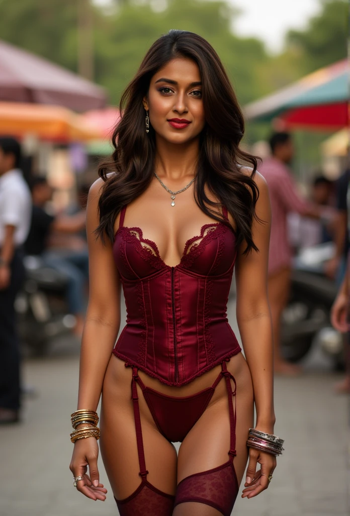 Full body photo portrait(from head to bottom) of beautiful Ileana wearing a red wine color corset lingeire sexy and hot(nipple poking) and underwear with stockings(tight, thighs)(very sexy), she is standing in a public outdoor area in India people around her. navel and cleavage hot, natural milf body shape., , looking at viewer, lense flare, (realistic eyes, symmetric face:0.8) (masterpiece:1.2) (photorealistic:1.2) (bokeh) (best quality) (detailed skin) (intricate) (8k) (HDR) (cinematic lighting) (sharp focus), big breast and rounded bubbly ass,  sparkling day dreams eyes. Posing sexy and seducing, horny face(with a smile, cute small smile). She is posing showing her front. Wearing her jewelry necklace, earings, bangles, bindi and rings.