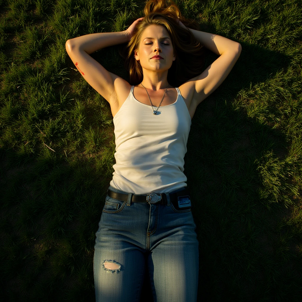 Top-down, photorealistic view of a beautiful young woman lying unconscious on lush, green grass. Her arms are stretched out gracefully, legs slightly bent at the knees, with her hair tangled and spread around her head. She wears a sleek, fitted white top and distressed blue jeans, with a small, delicate silver pendant visibly catching the light on her neck. A baby monitor is clipped to her belt, adding an element of mystery. Subtle injuries, like scrapes and bruises, mark her skin, contributing to a narrative of vulnerability and intrigue. Her expression is serene, eyes softly closed, suggesting a peaceful yet haunting scene. The setting is bathed in the golden hour light, with sunlight filtering through nearby trees, creating a pattern of dappled shadows across her body and the surrounding grass. Emphasize the ultra-realistic textures of both the grass and fabric, capturing every detail in a cinematic composition that balances beauty with a sense of urgency.
