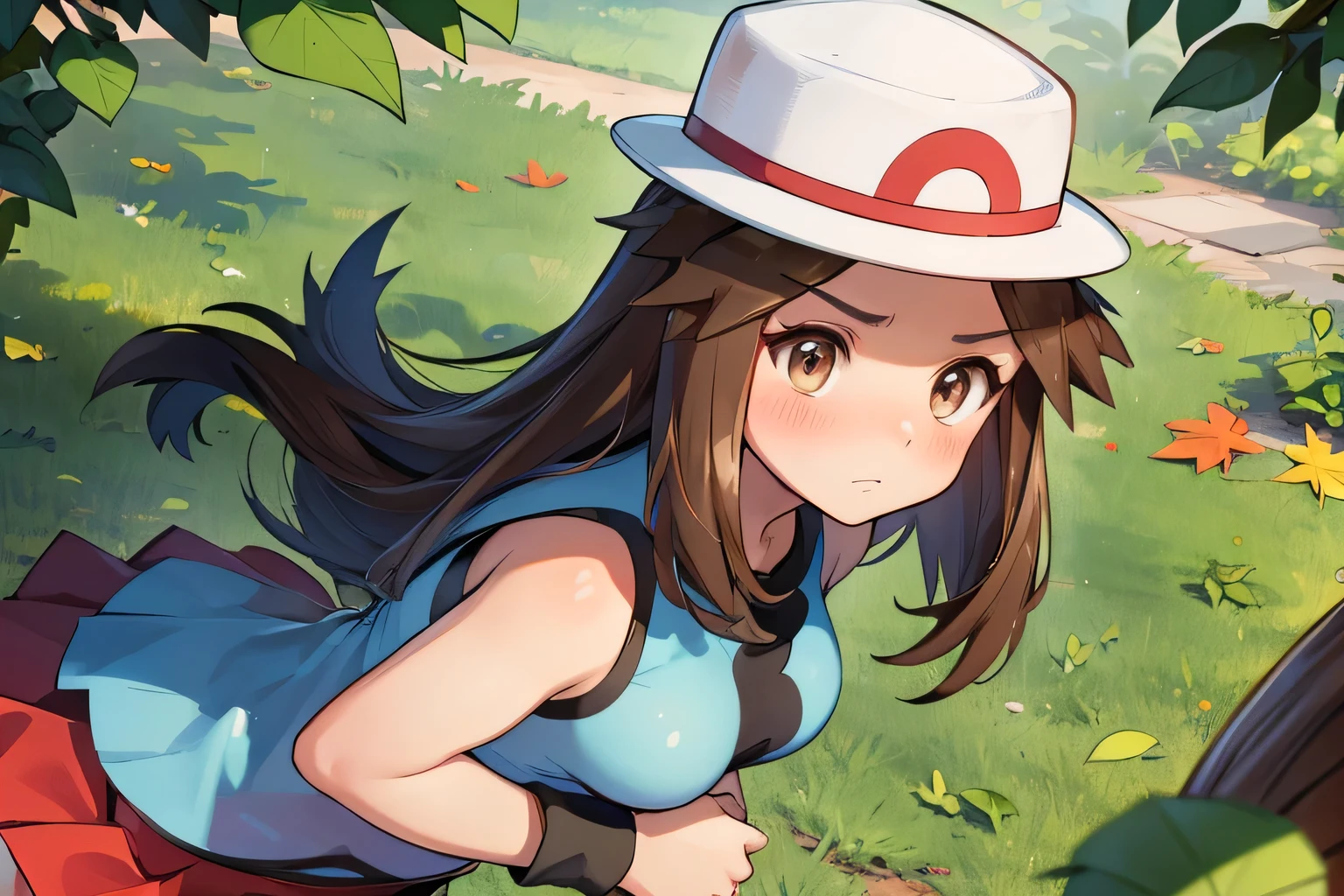 masterpiece, best quality, medium breasts, (curvy), cute, eyelashes, zzleaf, leaf (pokemon) brown eyes, brown hair, long hair, hat, long hair, blue shirt, sleeveless, wristband, red skirt, blue socks, white footwear,upper body,from above,scowl,blush,embarrassed,face focus