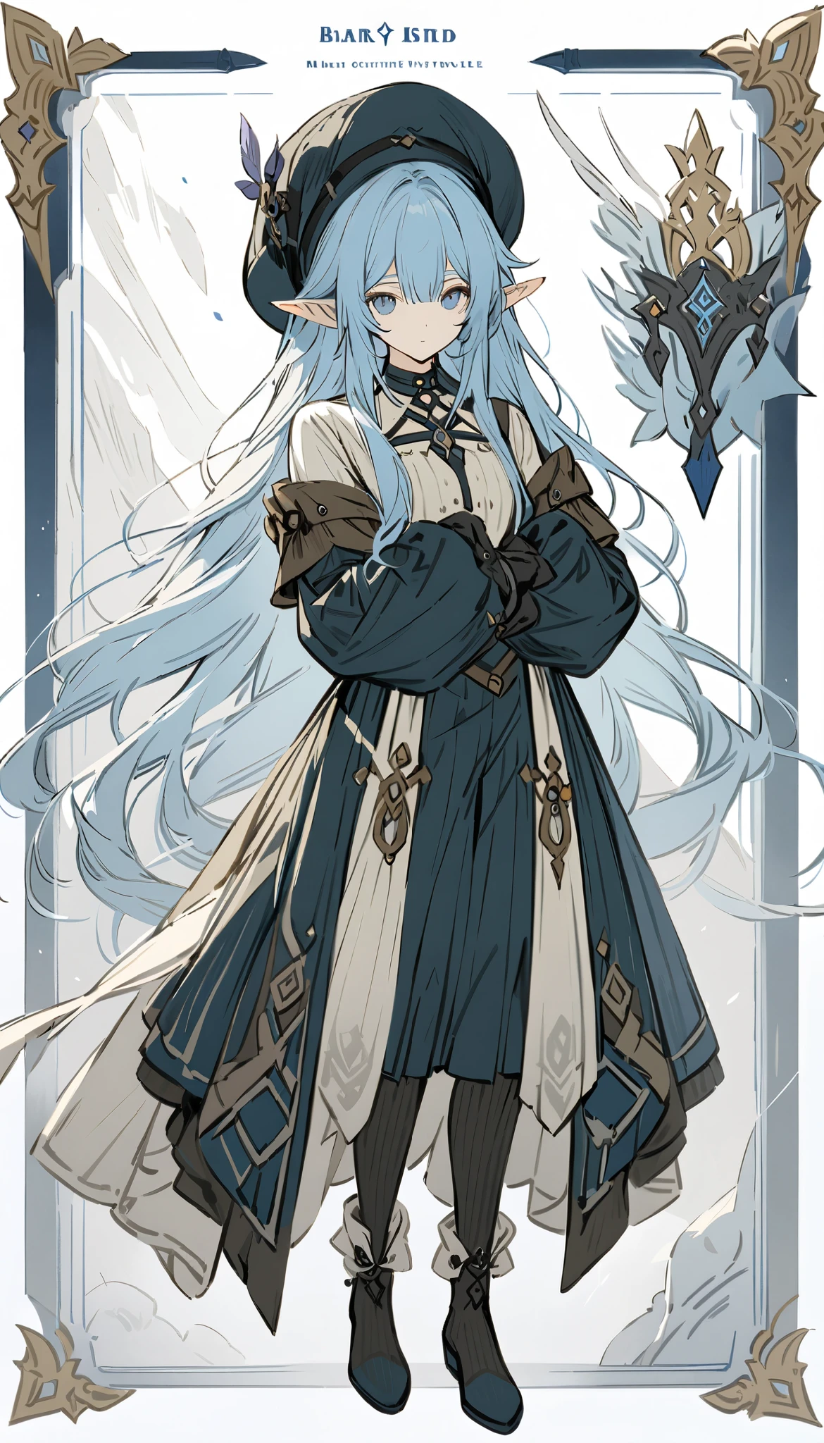 ((masterpiece)), ((best quality)), ((high resolution)), full body, standing, fantasy, genshin clothes, Wuthering waves outfit, fantasy theme, character sheet, standing, Shoulder length hair, light blue hair, upright pose, looking at the camera,bard , beret hat with feathers , short skirt, tights, Dark blue highlights hair, elf ear