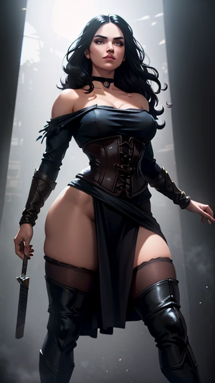 digital art, Yennefer of the Witcher, masterpiece, best quality, sexy pose, at dark medieval bedroom,  shot from back