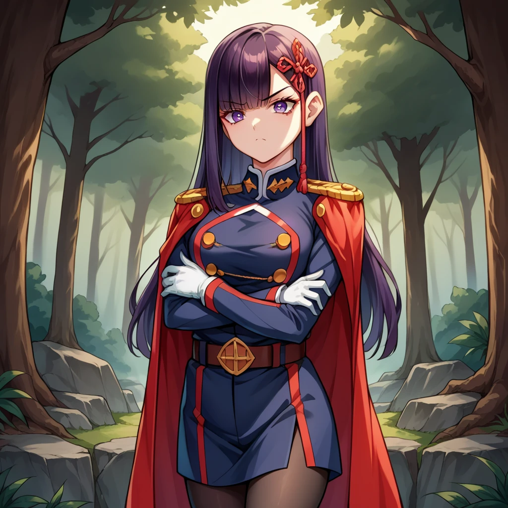 score_9, score_8_up, source_anime, 1girl, solo, YamashiroRen, long hair, blunt bangs, hair ornament, ((a serious expression ready for battle)), military uniform, epaulettes, white gloves, red cape, belt, black pantyhose, looks at the viewer, gloomy forest background, hands folded under chest, ((pose She lifted her foot and put it on a stone))