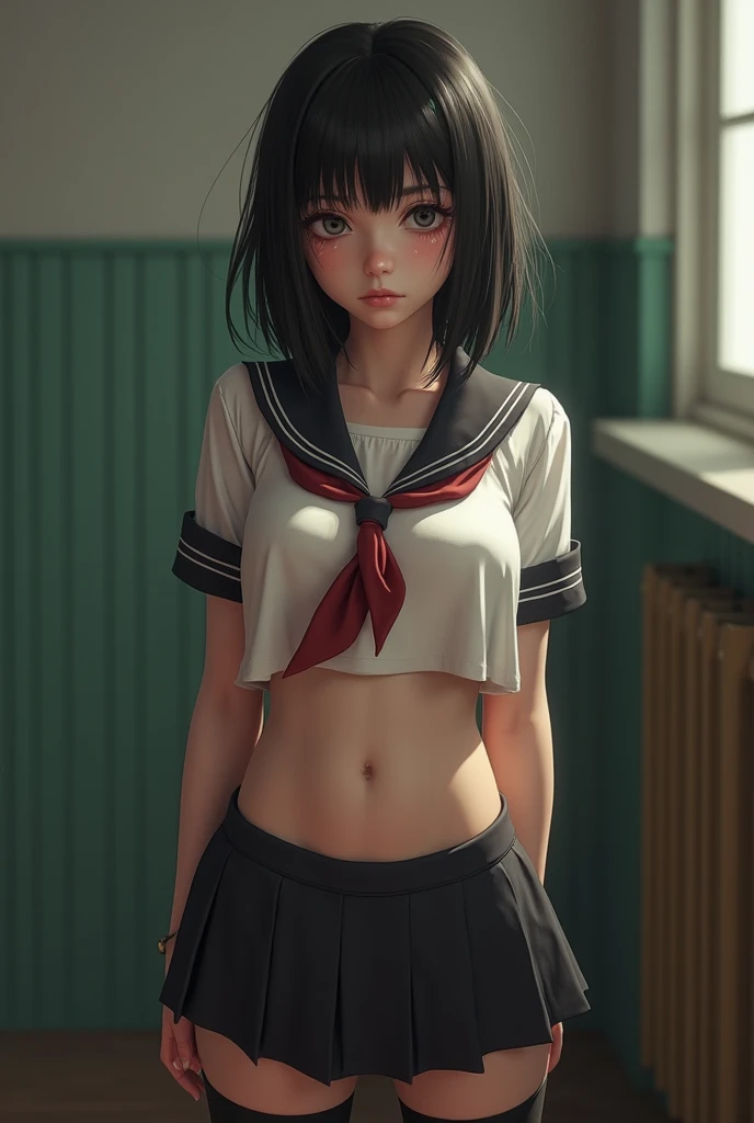 Highest quality、beautiful girl, (High school girls)、, 8K、RAW Photo、(skin:1.2)、Ultra-high resolution、(lens:50mm)、(F/1.2)、Dimly lit room, (windowsill at dusk)、Beautiful Face, ((Hair gets wet)), light makeup, Slender body, (Small breasts, 美しいBody lines), (Big round eyes:1.2)、(Droopy eyes:1.3)、(Delicate eyelashes), (Blurry face:1. 2), (Red cheeks, Close your lips), 16 years oldr, bangs, Wet hair), , Brown eyes, 白いskin, sexy, beautiful girl, 16 years old, Very beaut, White shirt, ((Wet shirt, Short sleeve, Bra lines are visible)),Wet pleated skirt, (uniform:1.2), Body lines, Shallow depth of field, Photographed from the front