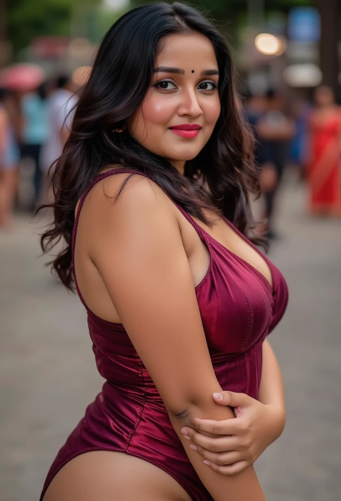 Full body photo portrait(from head to bottom) of beautiful Anikha wearing a red wine color corset lingeire sexy and hot(nipple poking) and underwear with stockings(tight, thighs)(very sexy), she is standing in a public outdoor area in India people around her. navel and cleavage hot, natural milf body shape., , looking at viewer, lense flare, (realistic eyes, symmetric face:0.8) (masterpiece:1.2) (photorealistic:1.2) (bokeh) (best quality) (detailed skin) (intricate) (8k) (HDR) (cinematic lighting) (sharp focus), big breast and rounded bubbly ass,  sparkling day dreams eyes. Posing sexy and seducing, horny face(with a smile, cute small smile). She is posing showing her front. Wearing her jewelry necklace, earings, bangles, bindi and rings.