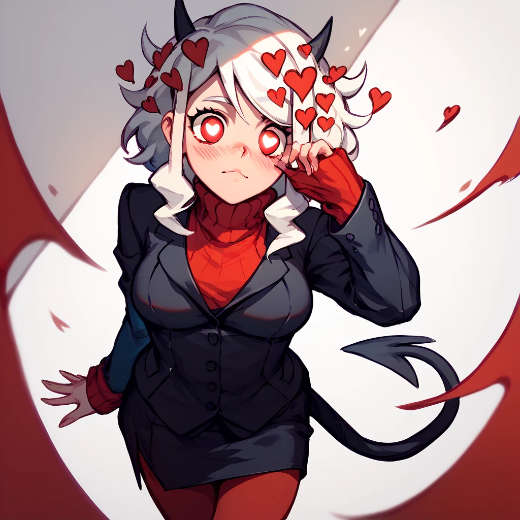 htmodeus, black horns, solo, demon horns, heart-shaped pupils, demon tail, formal, black suit, black jacket, long sleeves, red sweater, turtleneck sweater, sleeves past wrists, black skirt, red pantyhose, sketch