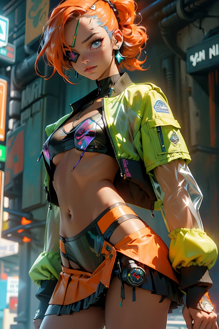 Chica con cabello rosa claro,bikini de oro rosa,pantalones cortos dorados claros,botas,de cerca,lightning,Cyberpunk fantasy