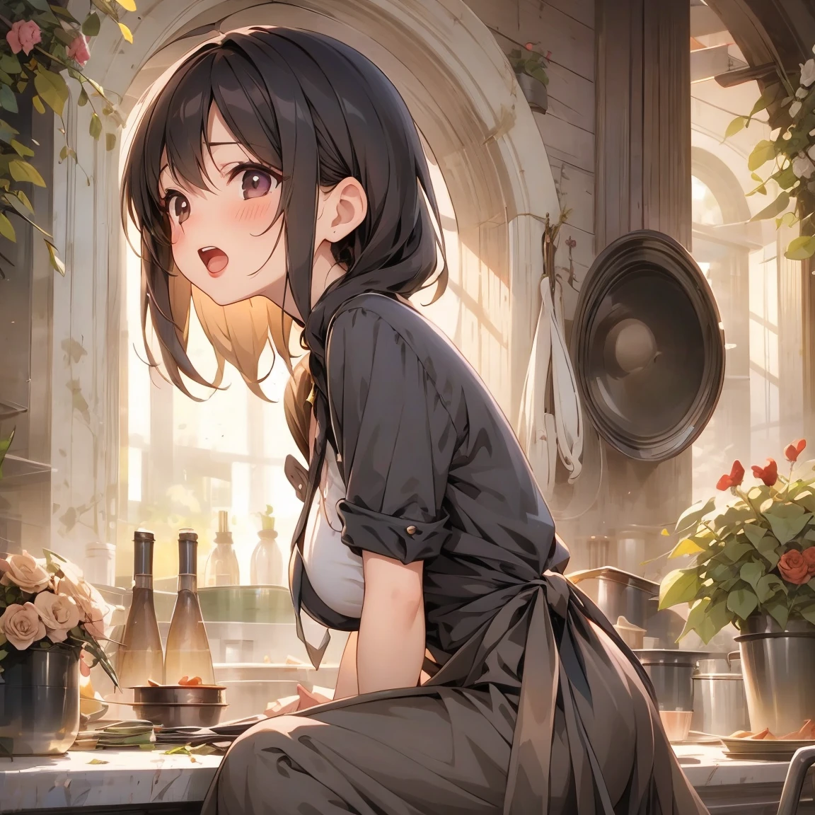 straddling on the man,one woman,plum princess,rubbing own breast,whole body,cute face,beautiful face,open mouth,embarrassed,naughty expression,medium hair,black hair,from side,flower garden,ribbon,anime style,masterpiece,grainy,highly detailed,beautiful woman,fantasy