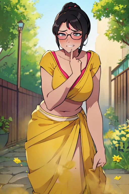 High-resolution, solo,1girl, emrald eyes, Ponytail black hair, hair bang, short hair, yellow and pink saree, wearing round shaped spectacles, fit body, dark skin, blush, one eye close, one closed eye, embarrassed, clenching teeth, bend over, fart, farting, massive fart, alone in garden