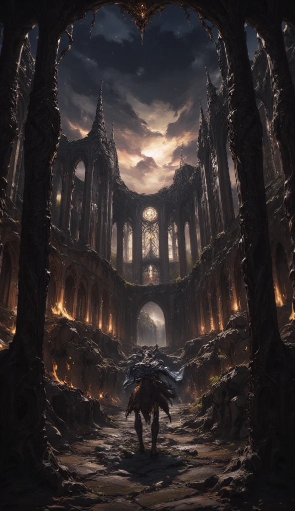 " A gloomy and desolate place in ultra realistic 8K air , Inspired by Dark Souls.  Ruins of an old Gothic cathedral ,  with broken columns and destroyed stained glass ,  barely illuminated by a faint glow of embers that flicker in the dark .  The floor is covered with ashes ,  debris and twisted roots that seem alive ,  spreading like veins everywhere .

On the horizon, an apocalyptic sky ,  dyed in deep blacks and dark reds ,  with swirls of smoke and clouds that hide any trace of light .  Disturbing shadows move into the darkest corners ,  suggesting the presence of terrifying creatures .  A faint fog covers the ground ,  the seems dense and full of despair .  Realistic and gloomy style ,  capturing the oppressive and melancholic essence of the world consumed by the darkness of Dark Souls."