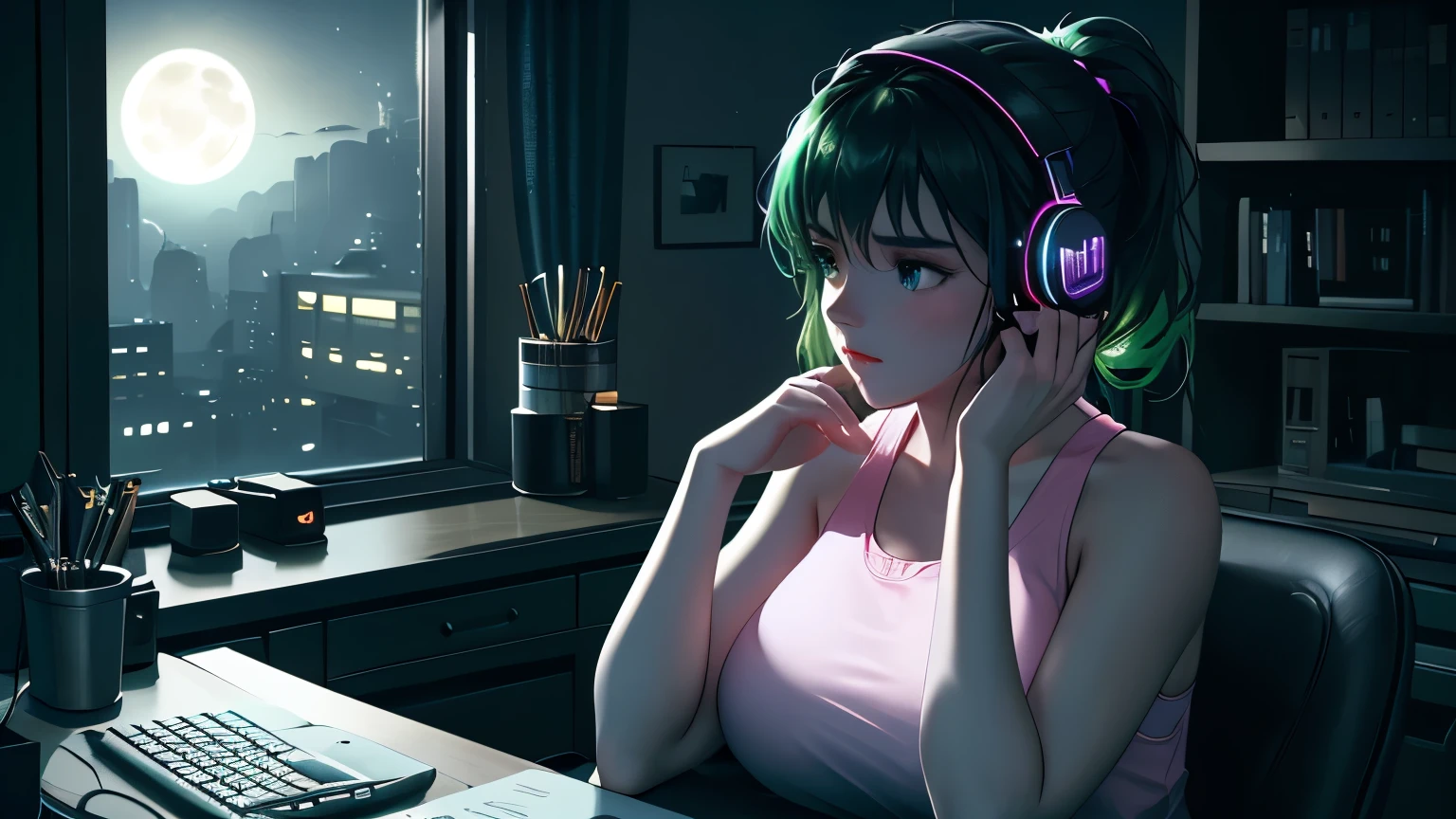 "A woman with a well-endowed figure, sitting at a modern desk with her hands poised over the keyboard, actively typing lines of code on the glowing computer screen. Her expression is one of intense concentration, her brows slightly furrowed as she focuses deeply on her task. The soft glow of the monitor casts a gentle light on her features, contrasting with the dim, serene ambiance of the room. Outside the open window, a bright, full moon bathes the scene in silvery light, complementing the tranquil, quiet night. She has short, stylish ombre hair transitioning from vibrant green at the roots to soft white at the tips, creating a striking contrast under the moonlight. She wears a fitted pink tank top that complements her figure and black leggings that highlight her relaxed yet purposeful posture. The desk is scattered with a few coding-related items, such as sticky notes, a mug of coffee, and a pair of headphones, adding to the realism of the workspace. The overall composition blends the serenity of a calm night with the subtle cyberpunk aesthetic—marked by the glow of the screen and the subtle futuristic undertones of her surroundings. The environment feels personal and immersive, capturing the essence of a focused night spent creating and solving complex problems."
