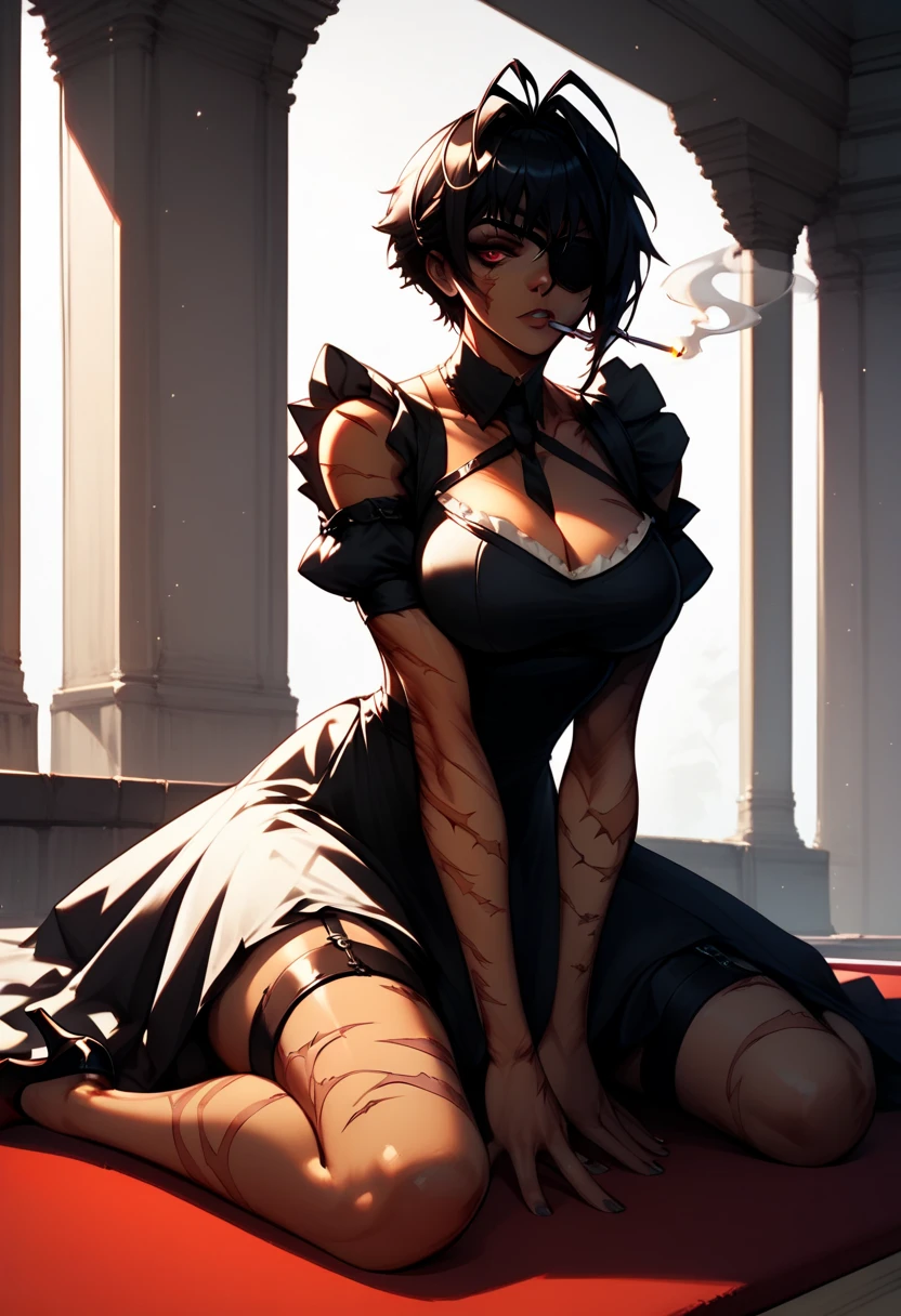 (Masterpiece), 1girl, beautiful, anime style, expressive face, antenna hair, ahoge (best quality, 8k, highres), ultra-detailed vibrant colors, arms crossed, impatient expression, tan skin, Japanese maid cloths, tie, thick thighs, eyepatch on right eye, black hair, red eyes, antenna hair, scars over the body, dark maid dress, alternative costume, bares shoulders, collarbone, perky breasts, small breaks, cleavage, cigarette, holstered katana, lean muscle, smoking, garter belt, black laced stocking, thigh-high, thigh gap, maid dress, heels, gothic make up, tall, inside a mansion lobby, luxury background, holding katana, katana, red carpet, indoor fountain,