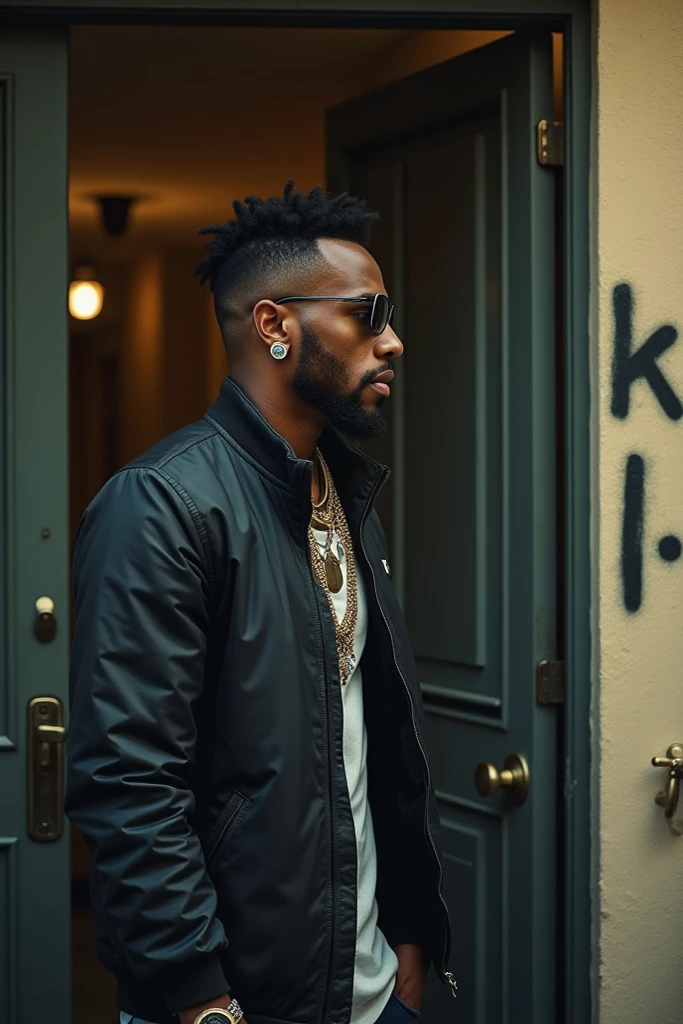 Il y a un homme debout devant un mur avec une peinture dessus, High quality download, inspired by Ras Akyem, taken in the early 2020s, pose artistique, bel homme, looking to the side, Master of the art, avec une barbe noire, album photo, elegant pose, Photo de profil