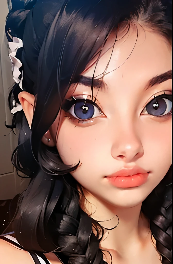 Beautiful girl with perfect asymmetrical and detailed face with blue eyes, black hair, High resolutions and great oppais, upper boobs nasty nudity 