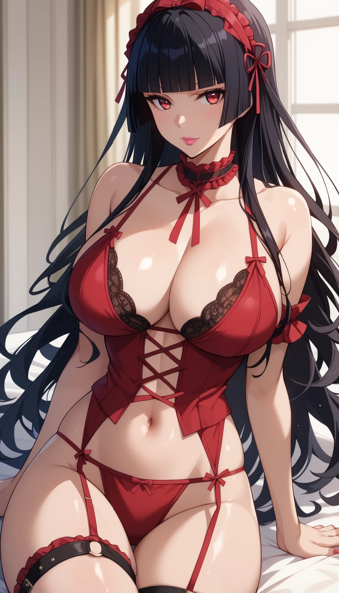  perfect eyes、  perfectly sexy face、 ultra detailed lingerie top、ultra  perfect eyes、 Rory Mercury 、Gate Jieitai Kanochi Nite Ultra Detailed Lingerie Blouse 、  long hair,  black hair,  Red Eyes, fringe, blunt fringe, hime cut,  pink lips  , little woman、  shiny hair  、(  Big breasts  ),  showing the neckline 、  tight waist  、 curly curly 、 Thigh straps  、  shiny skin、Beleza、erotic、  looking at the viewer、