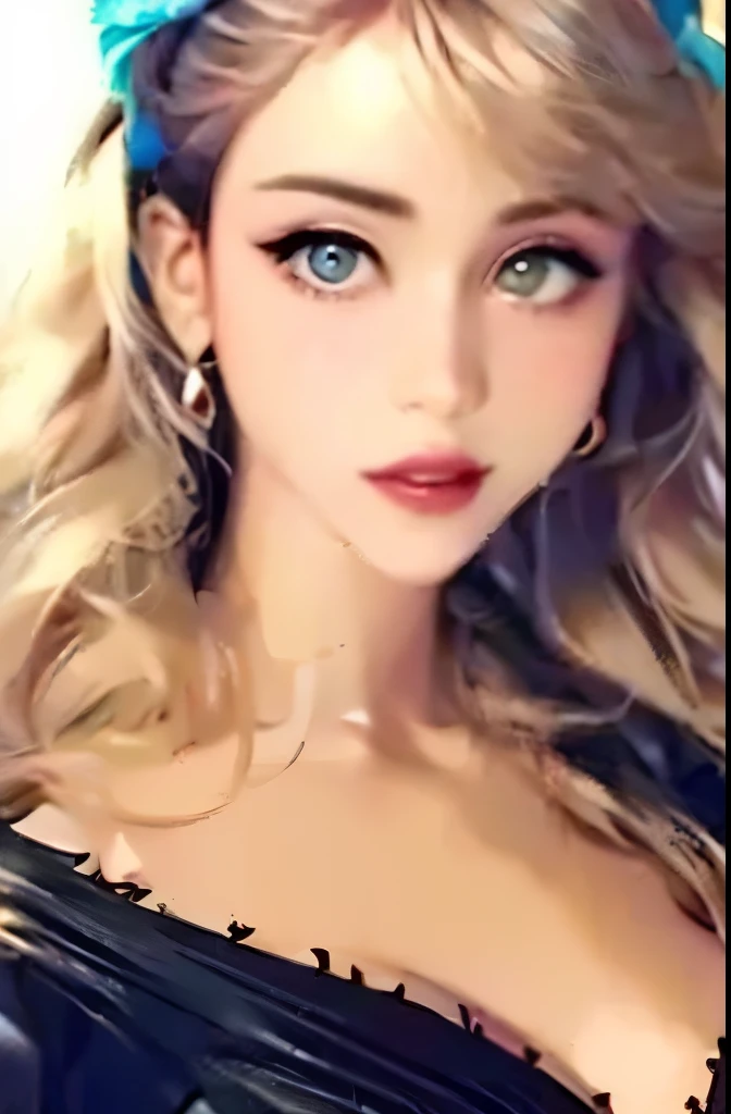 photorealistic, lip gloss, painting, realistic, best quality, ultra high resolution, depth, pastel color, natural shading, focus on face, face only, looking at viewer, long hair, hair accessory, black hair, brown and well detailed eyes, Dress