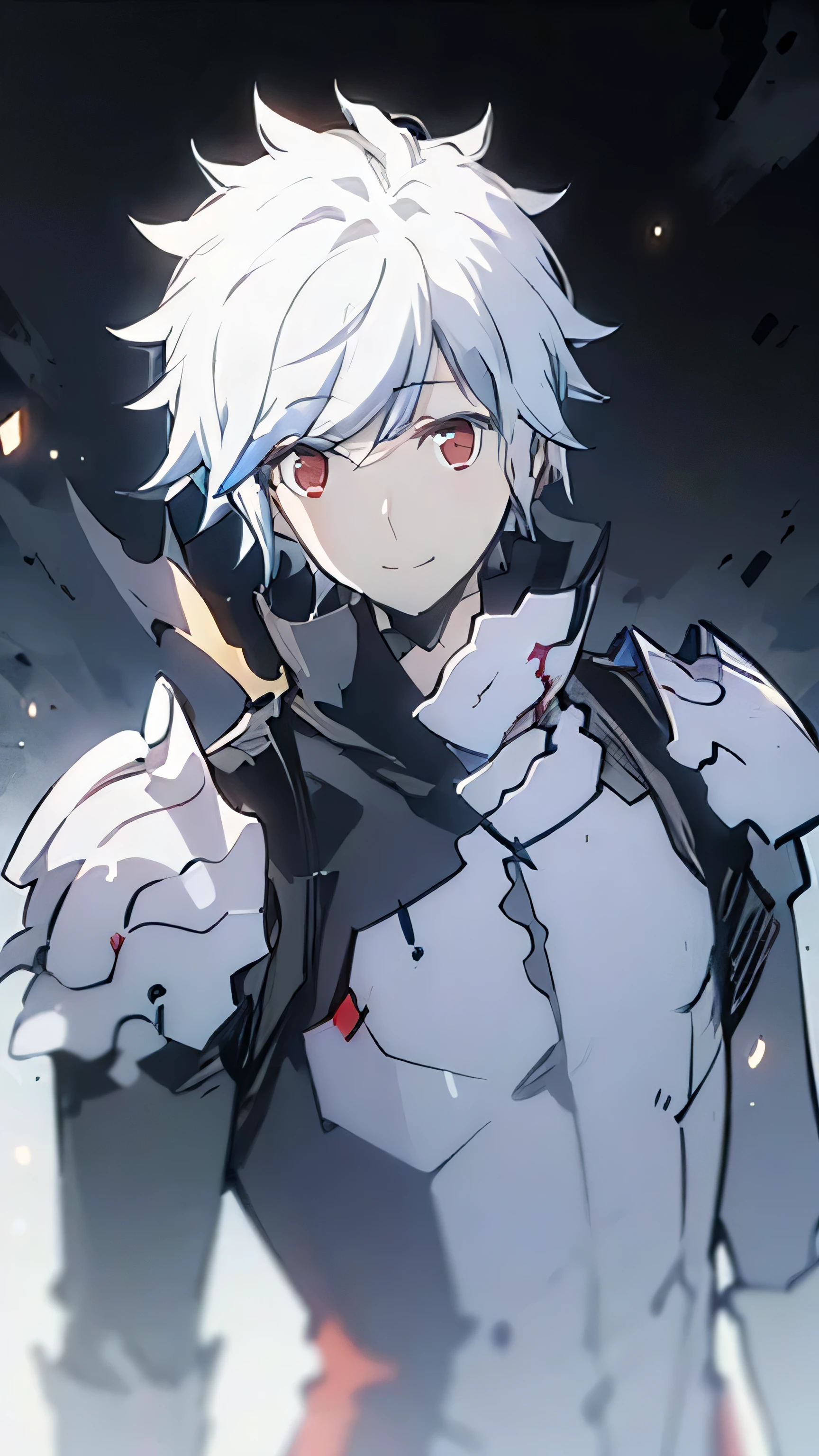 1man,1boy,muscualr, white hair, red eyes, trained, armour, solo leveling, with a smiling face