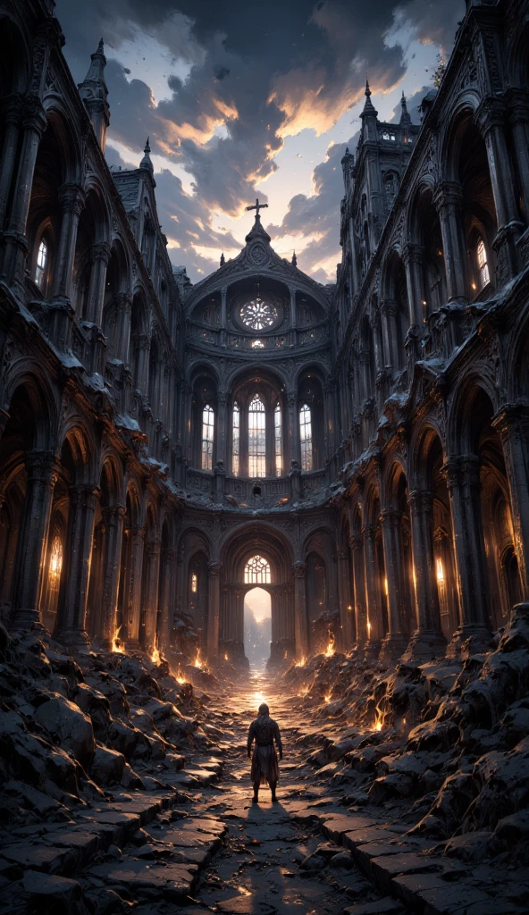 " A gloomy and desolate place in ultra realistic 8K air , Inspired by Dark Souls.  Ruins of an old Gothic cathedral ,  with broken columns and destroyed stained glass ,  barely illuminated by a faint glow of embers that flicker in the dark .  The floor is covered with ashes ,  debris and twisted roots that seem alive ,  spreading like veins everywhere .

On the horizon, an apocalyptic sky ,  dyed in deep blacks and dark reds ,  with swirls of smoke and clouds that hide any trace of light .  Disturbing shadows move into the darkest corners ,  suggesting the presence of terrifying creatures .  A faint fog covers the ground ,  the seems dense and full of despair .  Realistic and gloomy style ,  capturing the oppressive and melancholic essence of the world consumed by the darkness of Dark Souls."