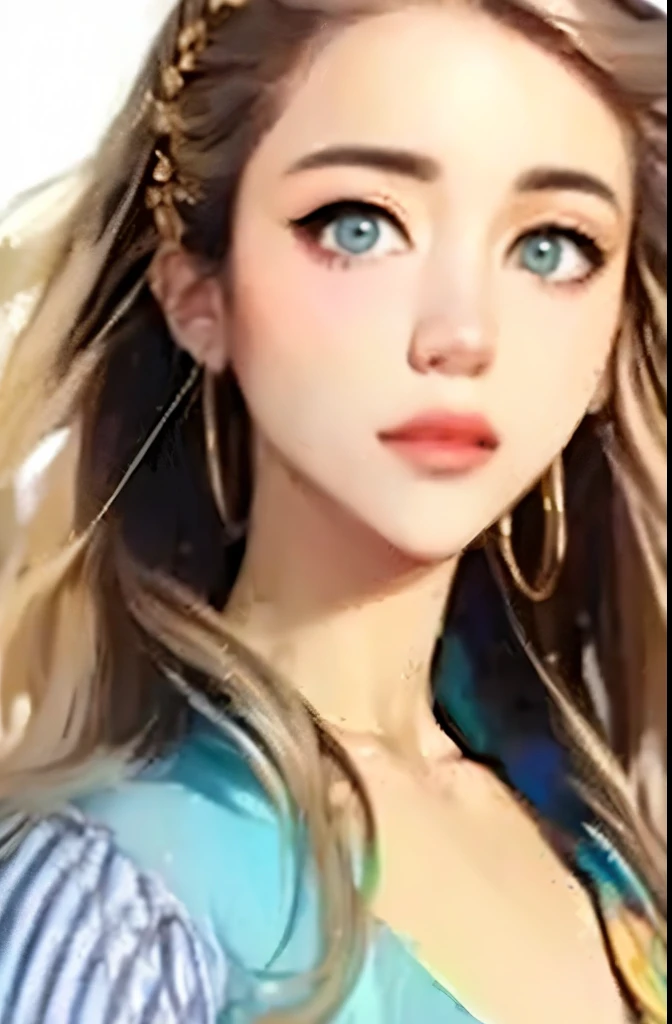 photorealistic, lip gloss, painting, realistic, best quality, ultra high resolution, depth, pastel color, natural shading, focus on face, face only, looking at viewer, long hair, hair accessory, black hair, brown and well detailed eyes, Dress