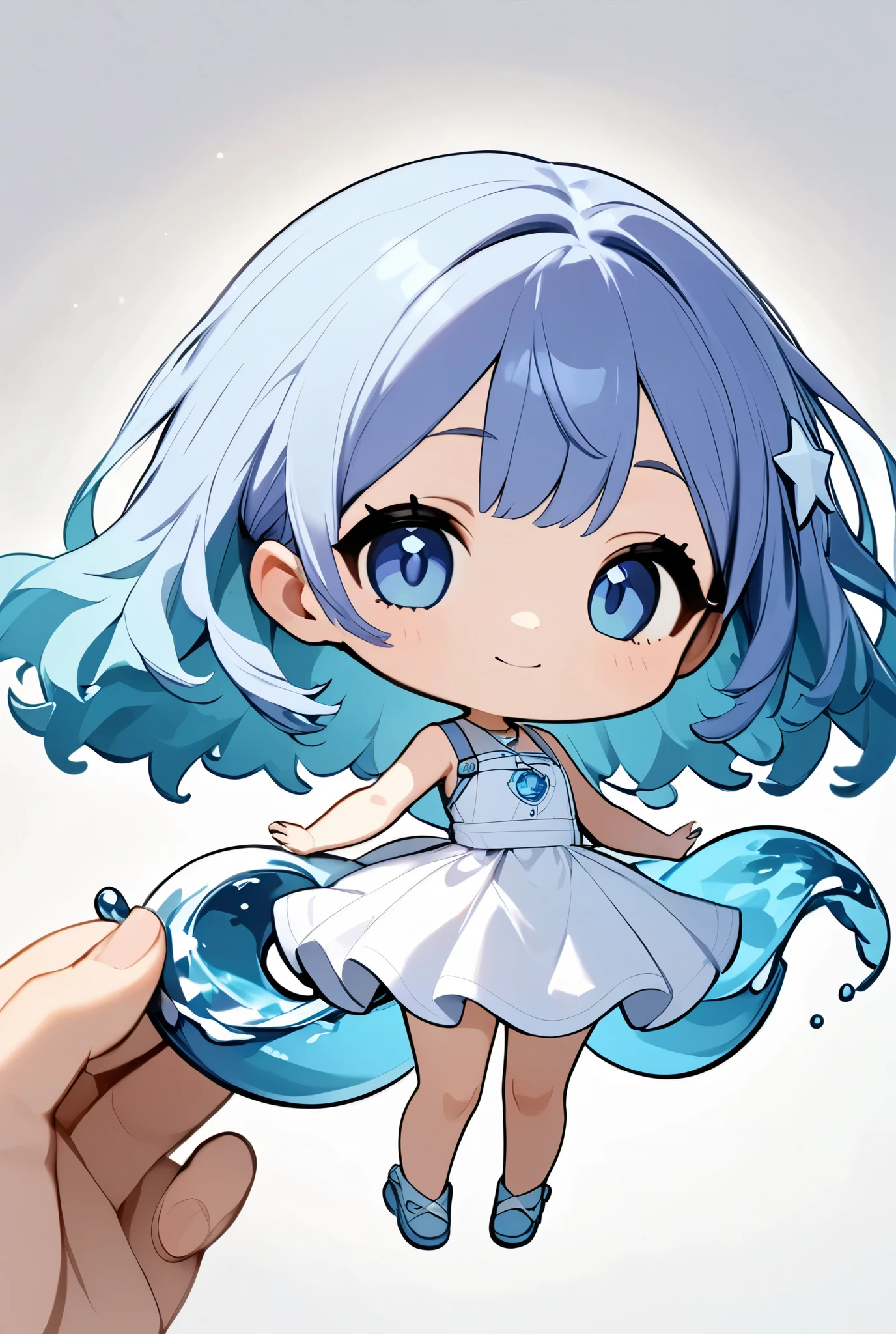 Create a charming chibi character sticker that embodies the essence of Aquarius, set against a solid white background. The character should have a round head and body, emphasizing cuteness, with large, expressive eyes that convey wonder and joy. Style the hair in soft, wavy shapes that mimic flowing water, using flat pastel shades of blue and aqua.
Dress the character in a simple outfit featuring minimal designs, incorporating subtle star or wave motifs in flat pastel colors like light blue, lavender, and white. The character should be holding an oversized vase of water with both hands, ensuring that the entire character fits within the frame. The vase should be prominently displayed and decorated with a star drawn on it to symbolize the water element of Aquarius. Aim for a delightful and whimsical aesthetic that captures the spirit of this zodiac sign while ensuring clarity and vibrancy against the white background. Feel free to adjust any part of this prompt to better suit your visio