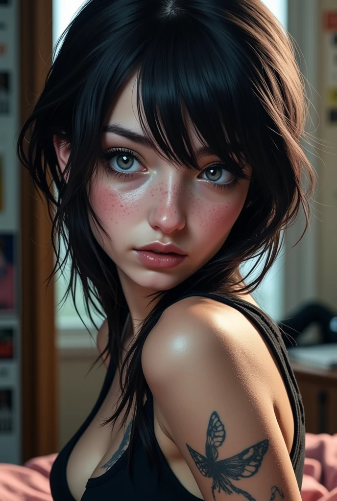 Safe_pos, detailed, masterpiece, best quality, highly detailed, very aesthetic, score_9, score_8_up, score_7_up, score_6_up, Freckles, Genuine leather, zPDXL3, raw, real life photo, source_photo, volumetric lighting, flat stomach, bubble butt, 1girl, gorgeous,in cute girly bedroom,posters, messy, god rays, long hair, brunette, thick lips, 20yo, large natural breasts, hourglass figure, no bra, narrow waist, fit body, thick legs, pajamas pulled down,skimpy, pants,hazel eyes, blushed cheeks,horny,Legs spread. Visible pussy masturbation 