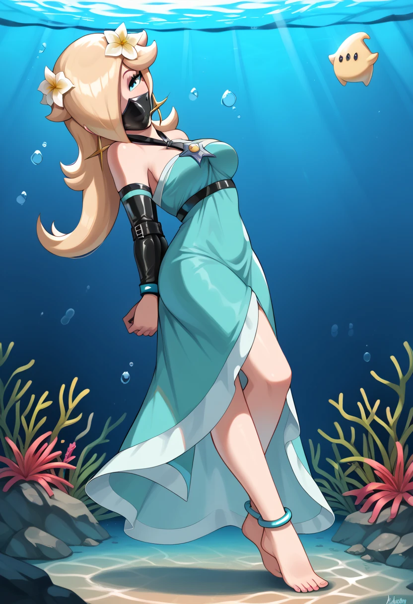 score_9, score_8_up, score_7_up, 1girl, Lora:Rosalina_XLPD:1,  (RslnSwm, hair over one eye, hair ornament, hair flower, bare shoulders, bracelet, aqua dress, anklet, halterneck, ) , flirt, gaze, sexy look, half-closed eyes, head tilt, makeup, (full bodies in view) expressiveh d4rk01l, perfect hands, perfect proportions, underwater, underwater drown. standing,  belt bondage, bound arms, (arms behind back: 1.4), tight mask, black mask, nude legs, OTN gag, (armbinder tied), (armbinder: 1.4), (front view), (sexy pose), (leather mask), complete body. (((lean the chest backwards, side view))), (((head leaning backward))), ((complete body side view)), ((stretched legs)), ((shaft head tilt pose)), ((head leaning back)), (head side view),