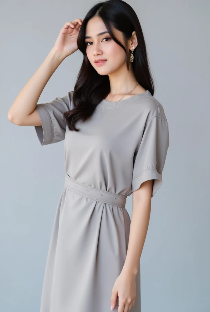 An elegant girl (clothing color soft light gray) wearing a minimalist style dress with a light gray overall color, a round neckline that fits the neck without revealing too much skin, elegant and neat. Sleeve type short sleeved, 5-8 centimeters below the shoulder, loose and moderate, relaxed and casual. The skirt is tailored with a light waist and an A-line hem, reaching up to the knee for a natural and smooth look, reflecting the curve of the waist without exaggeration. The fabric selection is matte silk, with a soft texture. The details of the dress are decorated with intricate stitching in the same color scheme, especially at the waist and cuffs, adding a sense of layering while maintaining simplicity. Presenting a soft matte texture, non reflective but with subtle layering. Hourglass Body with natural breasts. (Natural black hair) Hair is natural black with a slight luster, and long hair is smooth and flowing, simple and refreshing. • Head posture: Slightly tilt the head to the left, expose the right ear, and display the earring. Hand movements: Gently approach the neck with the right hand, bend the fingers naturally, and relax. Place the index finger slightly close to the ear, indirectly guiding the gaze to the earrings and finger accessories. • Eye direction: Head up to the camera, showing a confident and gentle expression. Shoulder posture: The shoulders are slightly tilted back, and the posture is naturally relaxed but with an elegant feeling (Soft natural makeup): Use light brown eye shadow to slightly imp