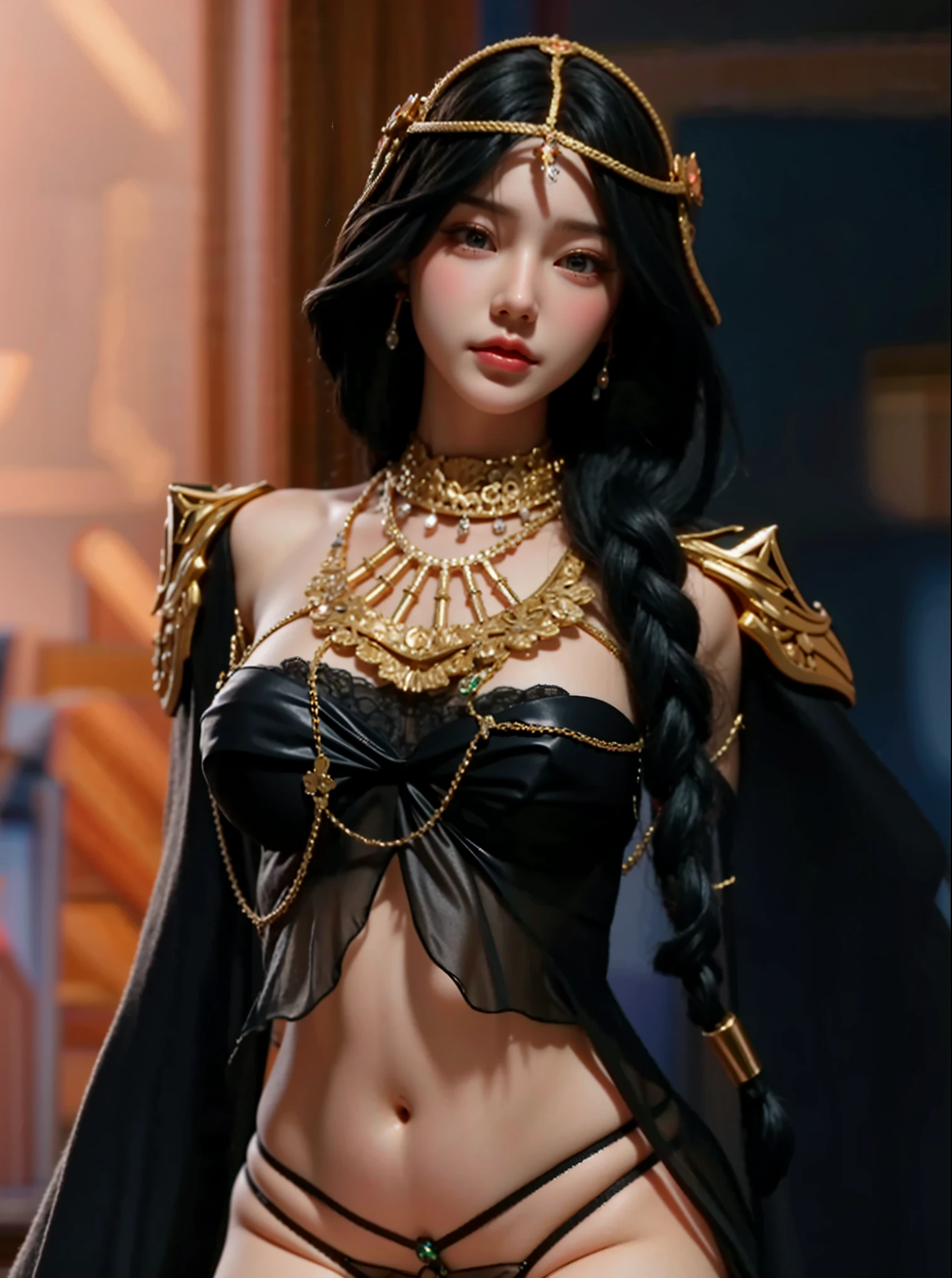 1 girl, solo, details, masterpiece, best quality, photorealistic realism, beautiful girl, long hair, black hair, skull headband, gold earrings, (((red eyes))), beautiful face, skull necklace, perfect body, large breast, open chest, black long dress, skull bracelet, gold earrings, gold belt, (((yellow panty))), musical instrument, (((on ancient bed))), (((turn back))), (((show her butt))),  dark sky, dark temple,