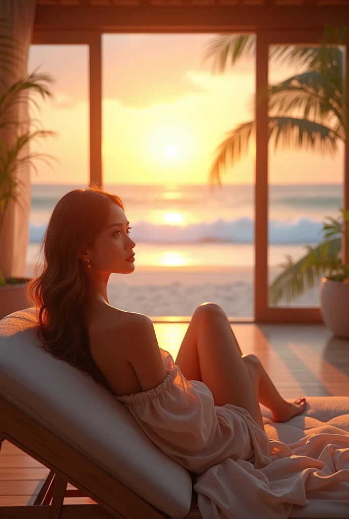 (best quality,4k,cinematic lighting,depth of field,backlighting:1.1),large nipa hut window looking out to the ocean with sands and waves, night view, full-moon, ultra-detailed, anatomically correct, Fujicolor, vibrant colors, realistic, soft light, tranquil atmosphere, relaxing vibes, beach landscape, warm tones.