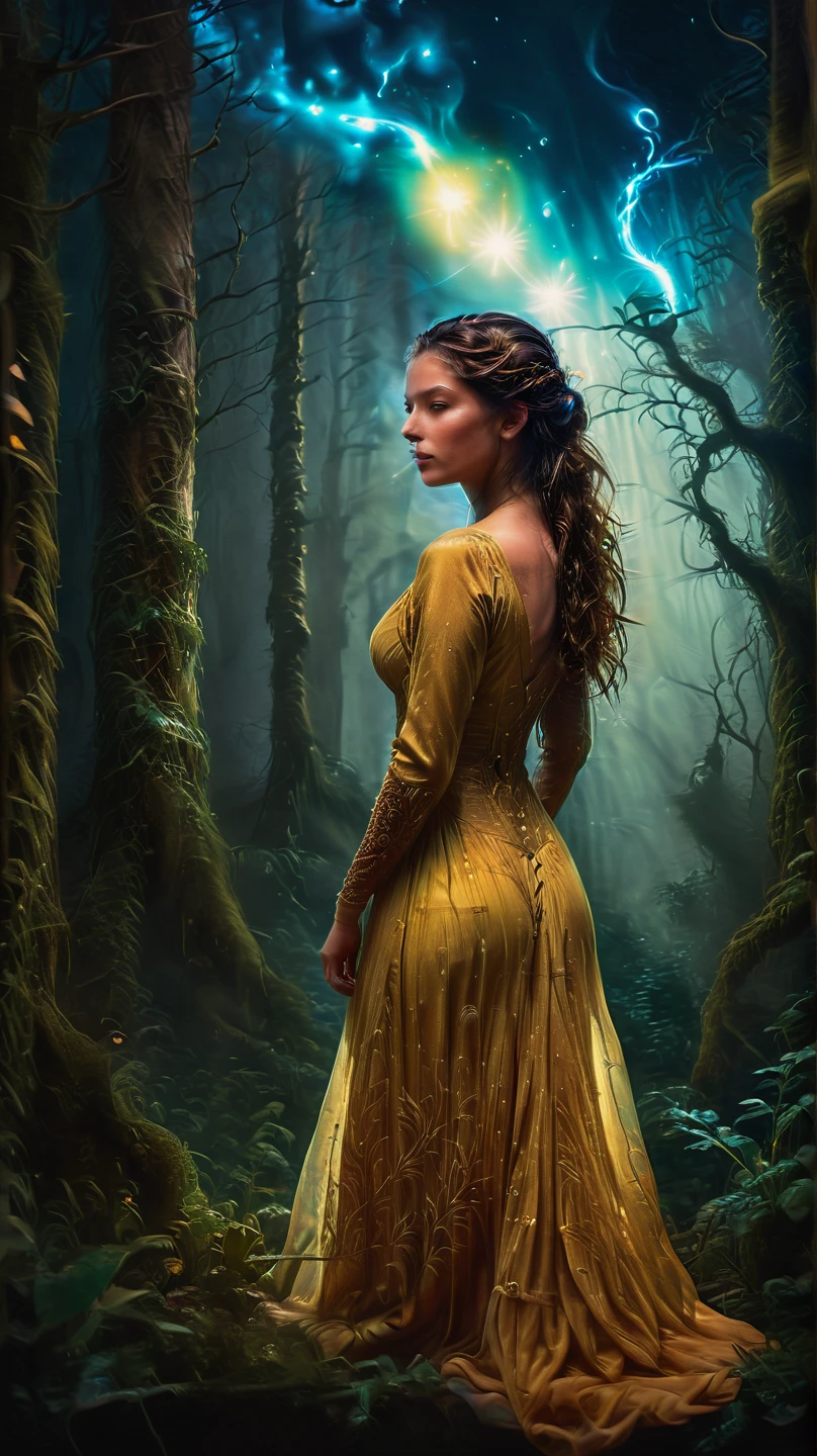 cute, young girl, slightly ish appearance, glowing yellow eyes, standing in the distance, ethereal and mystical atmosphere, surrounded by soft moonlight, dark enchanted forest, glowing magical symbols on her dress, subtle wind blowing her hair, cinematic realism, detailed textures, glowing ambient light, surreal realism